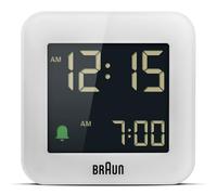 Braun Reloj Despertador de Viaje Digital función repetición, tamaño Compacto, Pantalla LCD Negativa, configuración rápida, Alarma por pitido en Crescendo en Blanco, Modelo BC08W.