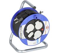 Brennenstuhl Garant enrollacables con alargador de 15m, carga USB, 3 tomas de corriente (plástico especial, uso en interiores, fabricado en alemania) azul