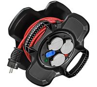 Brennenstuhl X-GUM IP44 - Carrete de cable eléctrico compacto (3 enchufes con válvula y indicador de presencia de tensión, 2 puertos USB (10 m H07RN-F 3G1,5, fabricado en Francia), color negro y rojo