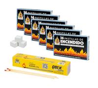 BRICOMIRAS Pastillas Encendido Chimenea con Pack de 50 fósforos para Prender Fuego en chimeneas, barbacoas, hornos de leña, carbón, etc. - Enciende Fuegos fácil y rápido (216 Pastillas + 50 fósforos)