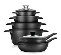 briebe Batería Cocina Inducción 12 Piezas, Juego 4 Ollas Aluminio Fundido + 2 Sartenes, Antiadherente ILAG GRANITEC sin PFOA, Set Cazuelas Tapas Cristal, Guantes Silicona, Vitrocerámica, Gas, Horno