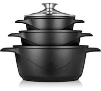 briebe Batería Cocina Inducción 6 Piezas, Juego 3 Ollas Aluminio Fundido, Antiadherente ILAG GRANITEC sin PFOA, Set Cazuelas Tapas Cristal, Guantes Silicona, Vitrocerámica, Gas, Horno, MGK-18