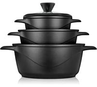 briebe Batería Cocina Inducción 6 Piezas, Juego 3 Ollas Aluminio Fundido, Antiadherente ILAG GRANITEC sin PFOA, Set Cazuelas Tapas Cristal, Guantes Silicona, Vitrocerámica, Gas, Horno.