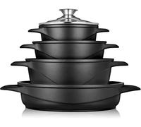 briebe Batería Cocina Inducción 8 Piezas, Juego 4 Ollas Aluminio Fundido, Antiadherente ILAG GRANITEC sin PFOA, Set Cazuelas Tapas Cristal, Guantes Silicona, Vitrocerámica, Gas, Horno, MGK-17