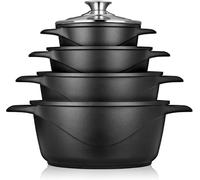 briebe Batería Cocina Inducción 8 Piezas, Juego 4 Ollas Aluminio Fundido, Antiadherente ILAG GRANITEC sin PFOA, Set Cazuelas Tapas Cristal, Guantes Silicona, Vitrocerámica, Gas, Horno, MGK-12