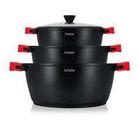 briebe Black Titanium Batería Cocina Inducción 6 Piezas Antiadherente Titanio, Juego 3 Ollas Aluminio Fundido sin PFOA, Set Cazuelas Tapas Cristal, Asas Silicona Extraíbles, Vitrocerámica, Gas, Horno