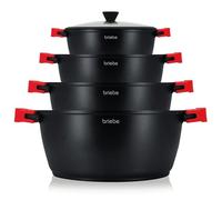briebe Black Titanium Batería Cocina Inducción 8 Piezas Antiadherente Titanio, Juego 4 Ollas Aluminio Fundido sin PFOA, Set Cazuelas Tapas Cristal, Asas Silicona Extraíbles, Vitrocerámica, Gas, Horno