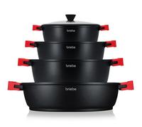 briebe Black Titanium Batería Cocina Inducción 8 Piezas Antiadherente Titanio, Juego 4 Ollas Aluminio Fundido sin PFOA, Set Cazuelas Tapas Cristal, Asas Silicona Extraíbles, Vitrocerámica, Gas, Horno