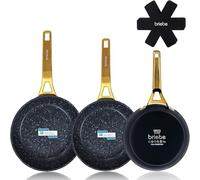 briebe Gold Titanium Set 3 Sartenes Antiadherentes Inducción Titanio 18-20-24cm, Aluminio Forjado Recubrimiento sin PFOA, Mango Profesional Acero Inox, Vitrocerámica, Gas, 3 Protectores