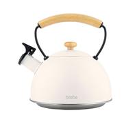 Briebe nordic tetera con silbato, hervidor de agua 2,3l, inducción, acero inox, vintage, mango madera, , blanco