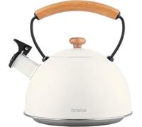 Briebe nordic tetera con silbato, hervidor de agua 2,3l, inducción, acero inox, vintage, mango madera, , blanco