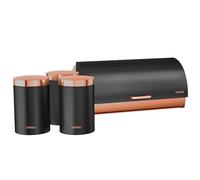 briebe Set Panera de Mesa + Juego de 3 Botes Cocina Almacenaje, Acero Inoxidable, Contenedor para Guardar Pan y Bollería, Tapa Deslizante, Diseño Moderno, Bread Box, Negro Mate/Oro Rosa