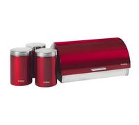 briebe Set Panera de Mesa + Juego de 3 Botes Cocina Almacenaje, Acero Inoxidable, Contenedor para Guardar Pan y Bollería, Tapa Deslizante, Diseño Moderno, Bread Box, Rojo/Inox