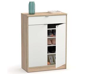 briebe Zapatero Entrada Recibidor, Mueble Auxiliar Estrecho Dormitorio, 2 Puertas, 1 Cajón 101x75x36 cm (Alto x Ancho x Profundo), 20 Pares Zapatos, Domus Blanco Alto Brillo/Roble Cambrian