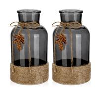 Briful Paquete de 2 jarrones de vidrio grandes con cuerda de yute, jarrones de flores gris oscuro, tarro de vidrio para decoración del hogar y la cocina