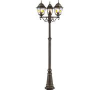 BRILLIANT: Lámpara exterior rústica JANEL | /dorado | candelabro de tres luces | IP44 | 3 x casquillo E27, máximo 60W | regulable con bombillas adecuadas | metal/vidrio