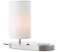 Brilliant Moderna lámpara de mesa con soporte basculante integrado, carga inalámbrica mediante base de carga por inducción y pantalla de tela blanca, ideal para mesitas de noche y escritorios