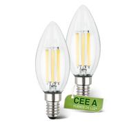 BRILONER - Juego de 2 bombillas LED filamento E14 vela, CEE A, 2,5W 525 lm, luz blanca cálida, bombilla LED iluminación interior, bombillas incandescentes equivalentes, 35x98 mm