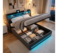 BRILVERDE Cama Canapé 140x200 cm en Lino Gris con LED y Puertos USB/USB-C, Gran Almacenaje, Cabecero con Estantes, Somier de Láminas, Cama Doble Adultos y Jóvenes
