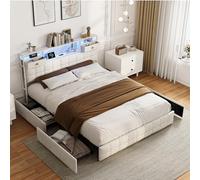 BRILVERDE Cama tapizada de 160 x 200 cm con 4 cajones, Espacio de Almacenamiento con iluminación LED y USB, cabecero de Cama con estantes Abiertos y Almacenamiento, Terciopelo, sin colchón, Beis