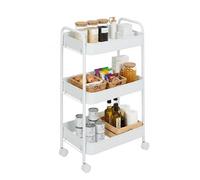 BRINDEK Carrito Auxiliar metálico Blanco con 3 estantes y Ruedas giratorias con Freno | Carro Organizador Multiusos para Cocina, baño u Oficina | con Ganchos Laterales | 78x44x30,5 cm