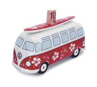 BRISA VW Collection - Hucha en forma de cerdito de Volkswagen con tabla de surf en el diseño T1 Camper Bus Samba (Flower Power/Rojo).