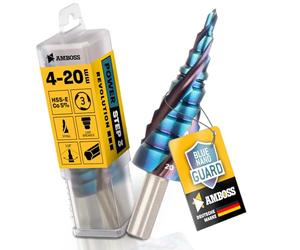Broca escalonada Ø 4-20 mm / 9 etapas Broca cónica/Broca profesional de metal cónico HSS-E Co 5% / Amboss PowerStep 3 TiAlSiN Blue Nano Guard/Acero, Inox, Acero inoxidable, Aluminio, Plástico