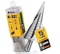 Broca escalonada Ø 4-32 mm / 15 etapas, broca cónica / 10 mm de vástago / Broca profesional de metal cónica HSS / Amboss PowerStep 2 / Taladro adecuado para acero, aluminio, plástico, acrílico