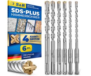 Brocas percutores S&R, brocas para piedra/hormigón SDS-Plus, juego de 6 piezas (6-12 mm) para taladros percutores. Con punta de carburo de tungsteno de 4 caras, alta precisión de concentricidad y prot
