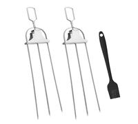 Brochetas BBQ de Acero Inoxidable Pack de 2, Tenedor para Parrilla Semiautomático de 3 Púas con Varilla Empujadora y Cepillo de Silicona, Pincho Resistente para Carne, Pollo (2 pièces)