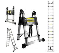 Brsheco Escalera telescópica plegable de acero inoxidable, 5 m (2,5 + 2,5 m), escalera extensible 2 en 1, con estabilizador, gran aplicación, escalera plegable, escalera de pie, 150 kg, color plateado