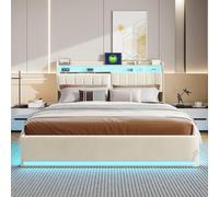 BSCFHCZ Cama de Matrimonio 140x200 con Canapé Abatible Hidráulico, Cama Tapizada de Terciopelo Beige Crema con Luces LED RGB y USB Tipo-C, Estructura de Cama con Gran Almacenaje y Cabecero, Beige