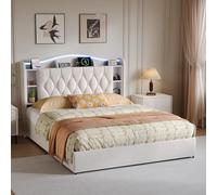BSCFHCZ Cama de Matrimonio 160x190 cm con Luces LED y Carga, Canapé con Almacenaje Hidráulico y Arcón, Estructura de Cama de Terciopelo Beige con Cabecero Funcional y Somier de Láminas (Sin Colchón)