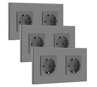 BSEED 3 Paquete Enchufe de Pared,Schuko Enchufe Doble,Toma de Corriente Doble con Panel de Cristal Gris,16A 250V Enchufes de Extensión para Cocina,Dormitorio,Oficina,Hotel,etc