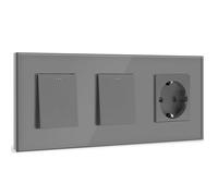 BSEED Doble Interruptor de pared con Enchufe,1 Gang 1 Vía interruptor pared+16A Schuko Enchufe,10A Gris Interruptor de luz de botón pulsador con marco de cristal,Enchufes de pared para Cocina