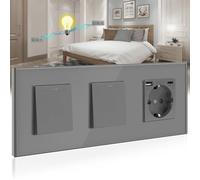 BSEED Doble Interruptor de pared con Enchufe Gris,1 Gang 2 Vías Interruptor conmutador+16A Schuko Enchufe con 1 Puerto Tipo C y 1 Puertos USB,10A Interruptor de luz de botón pulsador