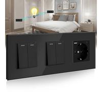BSEED Doble Interruptor de pared con Enchufe Negro,2 Gang 2 Vías Interruptor conmutador+16A Schuko Enchufe con 1 Puerto Tipo C y 1 Puertos USB,10A Interruptor de luz de botón pulsador