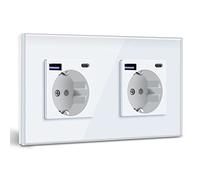 BSEED Enchufe de Pared con USB C 20W,Blanco Schuko Enchufe con Cargador Rápido USB Tipo C,2 Gang Toma de Corriente con 2xCargadores USB y Typ C,Enchufe Integrado Adecuado