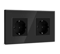 BSEED Enchufe de Pared Doble,Negro Schuko Enchufe Doble con Panel de Cristal,16A 250V Toma de Corriente,Enchufes de Extensión para Cocina,Dormitorio,Oficina,Hotel,etc