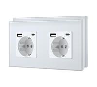 BSEED Enchufe Doble con USB C,Enchufes Pared con Cristal,Schuko Enchufe Simple 16A 250V,Toma de Corriente para Cocina,Dormitorio,Oficina,Hotel,M Serie,2 Enchufe USB C-2 Paquetes,157mm Blanco