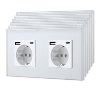 BSEED Enchufe Doble con USB C,Enchufes Pared con Cristal,Schuko Enchufe Simple 16A 250V,Toma de Corriente para Cocina,Dormitorio,Oficina,Hotel,M Serie,2 Enchufe USB C-6 Paquetes,157mm Blanco