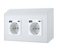 BSEED Enchufe Doble con USB C,Enchufes Pared con Cristal,Schuko Enchufe Simple 16A 250V,Toma de Corriente para Cocina,Dormitorio,Oficina,Hotel,M Serie,2 Enchufe USB C-4 Paquetes,157mm Blanco
