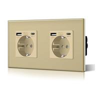 BSEED Enchufe Doble con USB C,Enchufes Pared con Cristal,Schuko Enchufe Simple 16A 250V,Toma de Corriente para Cocina,Dormitorio,Oficina,Hotel,M Serie,2 Enchufes con USB y Tipo C,157mm Oro