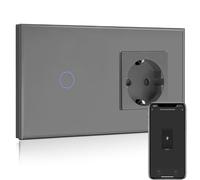 BSEED Enchufe Normal con Interruptor de luz WiFi,Compatible con Alexa y Google Home,Control de APP y Función de Temporizador,1 Gang 1 Vía WiFi Interruptor de Luz con Enchufe Gris(Neutral Requerido)