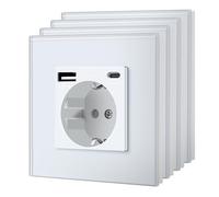 BSEED Enchufe Pared con USB C,Enchufes Estándar con Cristal,Schuko Enchufe Simple 16A 250V,Toma de Corriente para Cocina,Dormitorio,Oficina,Hotel,M Serie,1 Enchufe USB C-4 Paquetes,86mm Blanco