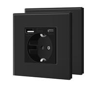 BSEED Enchufe Pared con USB C,Enchufes Estándar con Cristal,Schuko Enchufe Simple 16A 250V,Toma de Corriente para Cocina,Dormitorio,Oficina,Hotel,M Serie,1 Enchufe USB C-2 Paquetes,86mm Negro