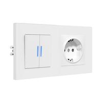 BSEED Interruptor con Enchufe, Interruptor Conmutador Pared con Garras, 2 Gang 2 Vías, Basculante con LED Indicador, Marco de PC mate, Fácil de Instalar, 157 * 86mm Blanco