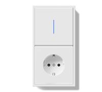 BSEED Interruptor con Enchufe, Interruptor Pulsador con Terminal Enchufable, 1 Gang 2 Vías Light Switch con Indicador Luminoso LED y Marco de PC, Switch con Toma Blanco, 150X80mm