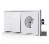 BSEED Interruptor Conmutador y Enchufe,Mate Basculante con Garfio,Botón Pulsador con Pilotitos LED,Fácil Instalación,C-Series,2 Gang 2 Vía Con Enchufe,150mm Blanco