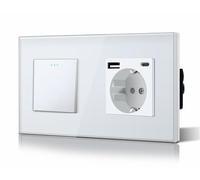 BSEED Interruptor Cruzamiento y Enchufe USB C,Basculante Con Pilotitos LED,Marco de Cristal,Fácil Instalación,Fáciles de Limpiar,1 Gang 3 Vía Con Enchufe USB/Tipo C,157mm Blanco